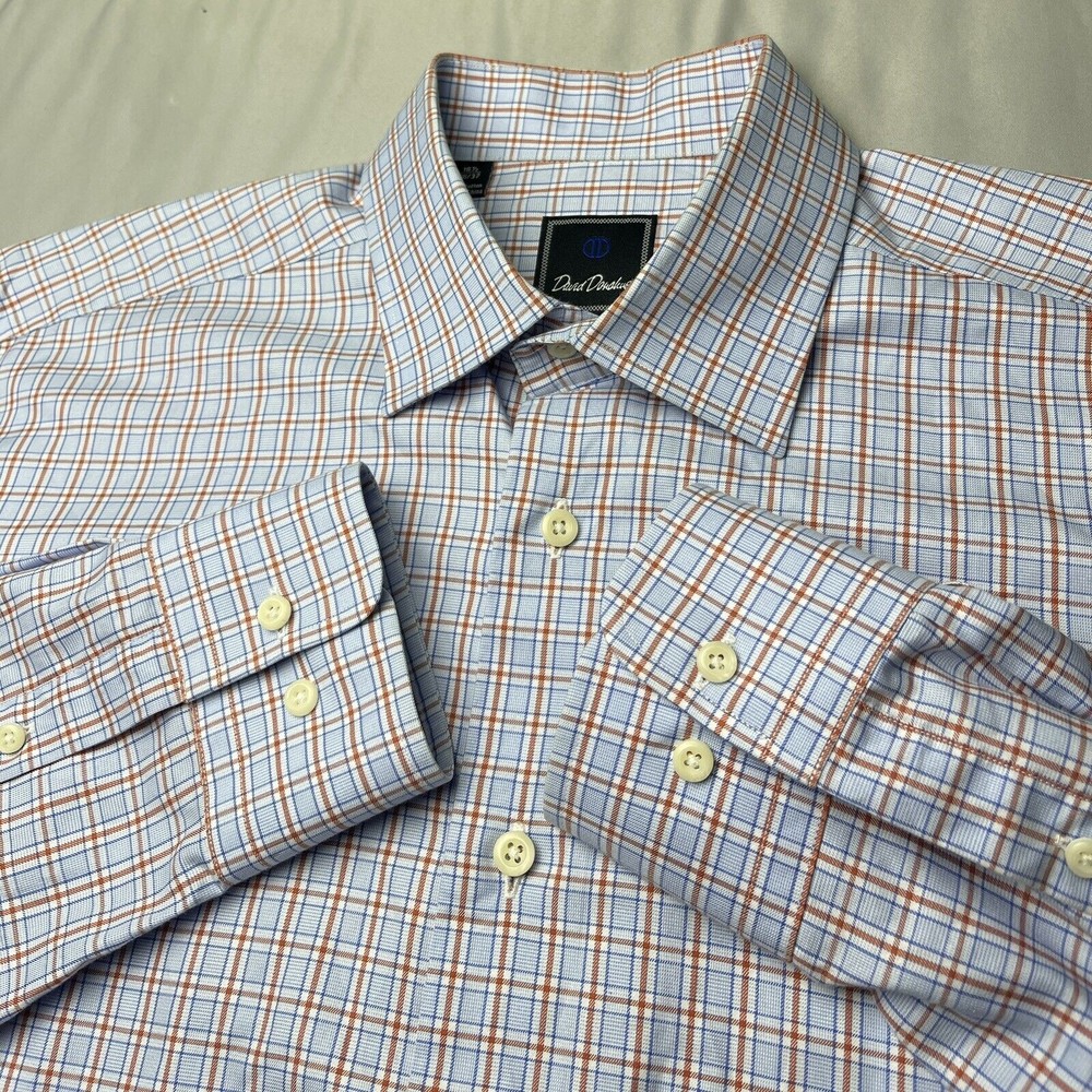 David Donahue Dress Shirt Mens 16-36/37 Blue Orange plaid Long Sleeve preppy